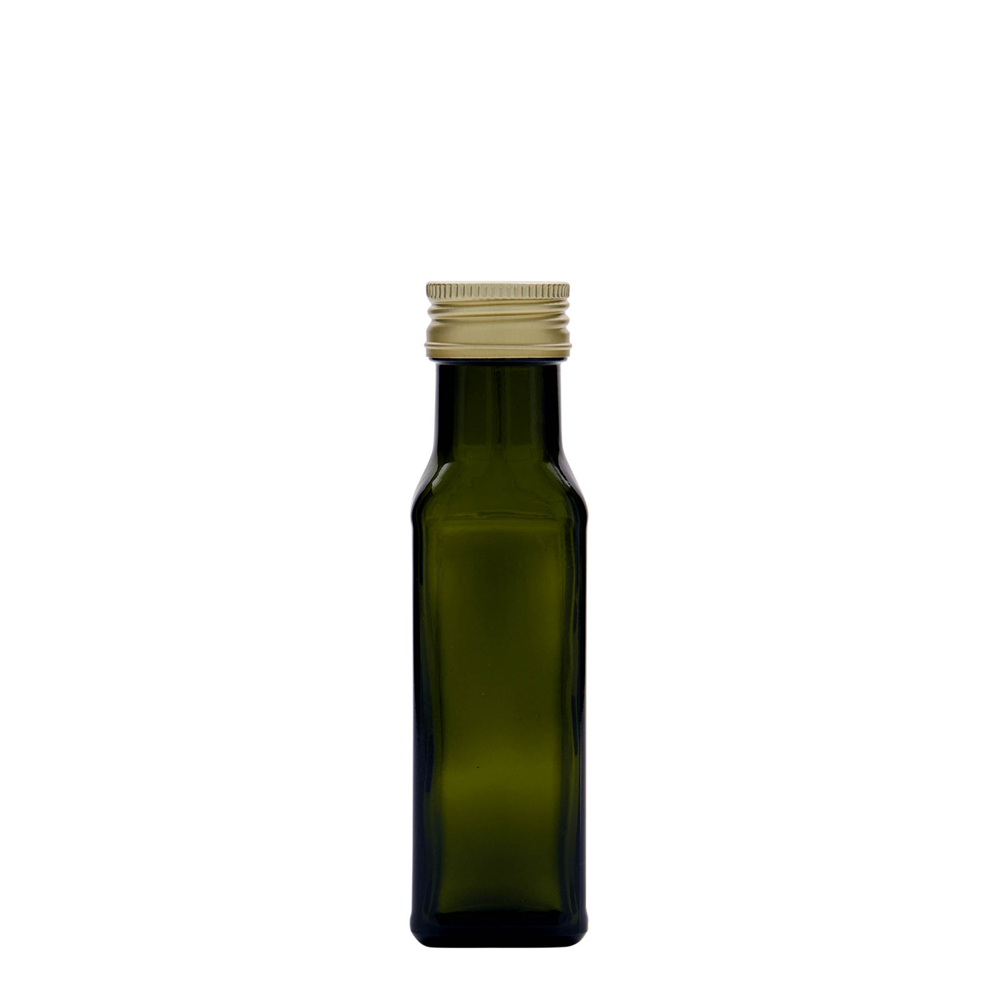 100 ml стаклена шише „Marasca“, квадратна, античнозелена, отворање: PP 31,5