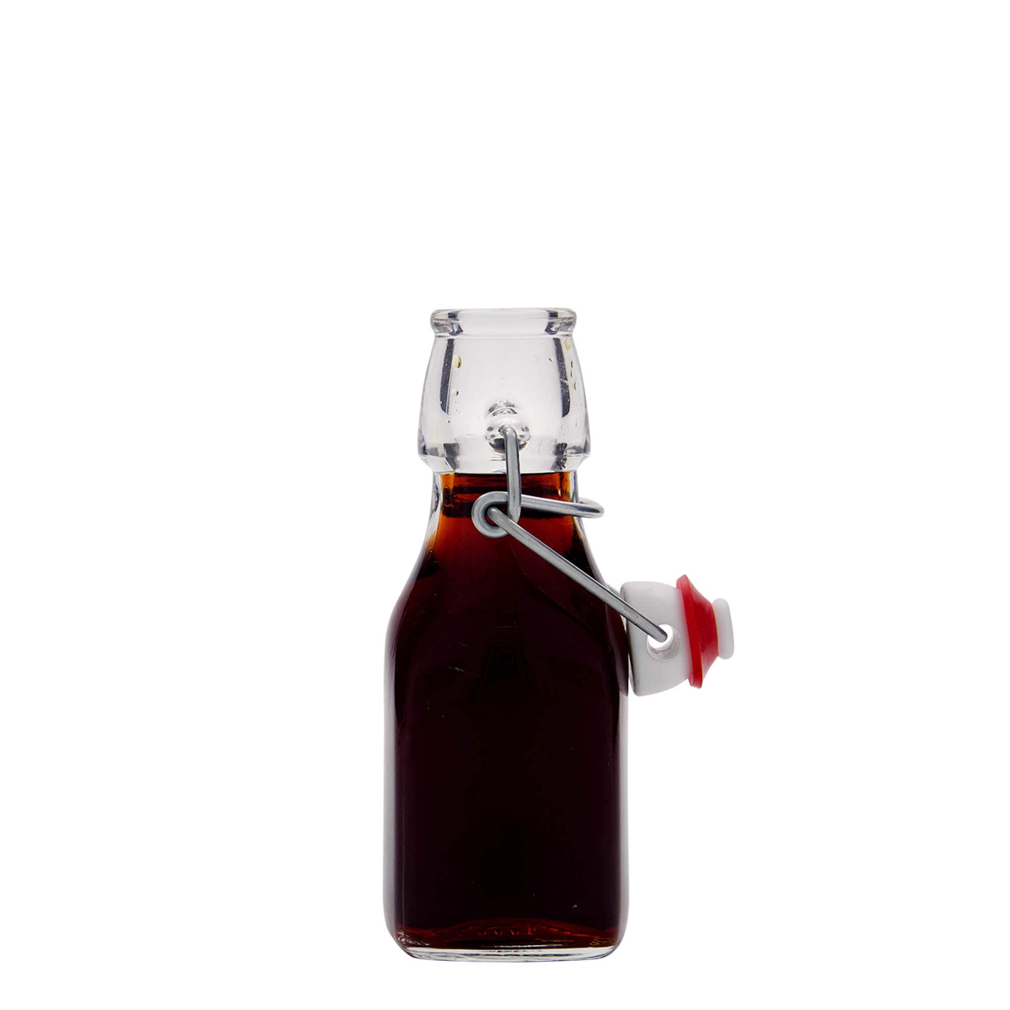 125 ml стаклена шише „Swing“, квадратна, отворање: затворач со држач