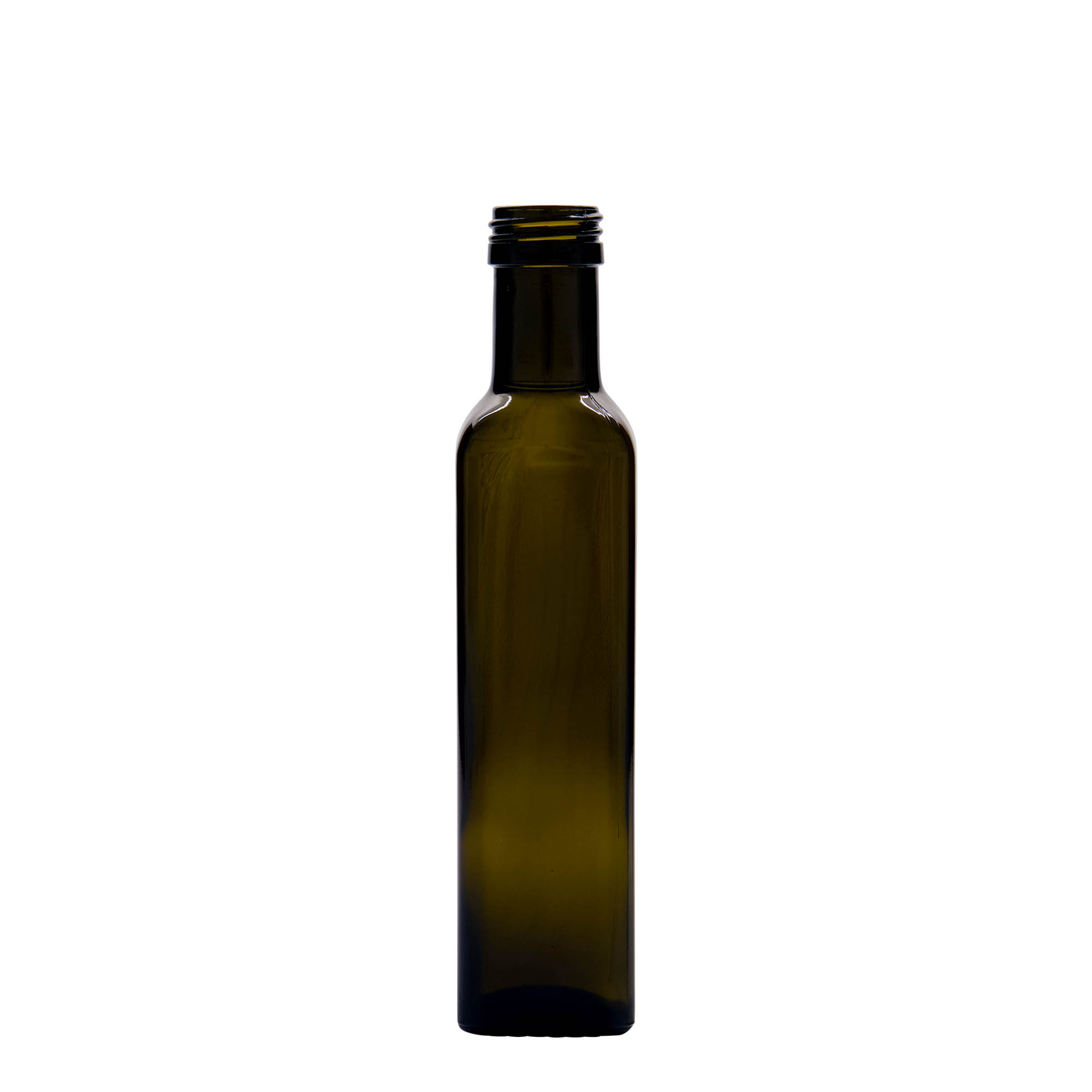 250 ml стаклена шише „Marasca“, квадратна, античнозелена, отвор: PP 31,5