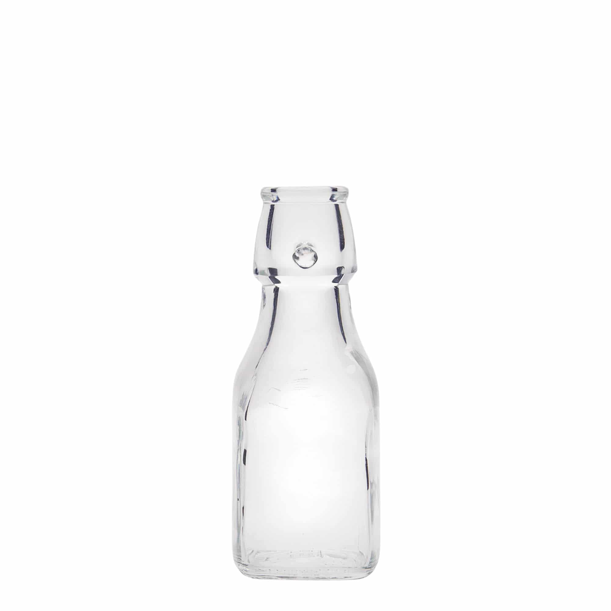 125 ml стаклена шише „Swing“, квадратна, отворање: затворач со држач