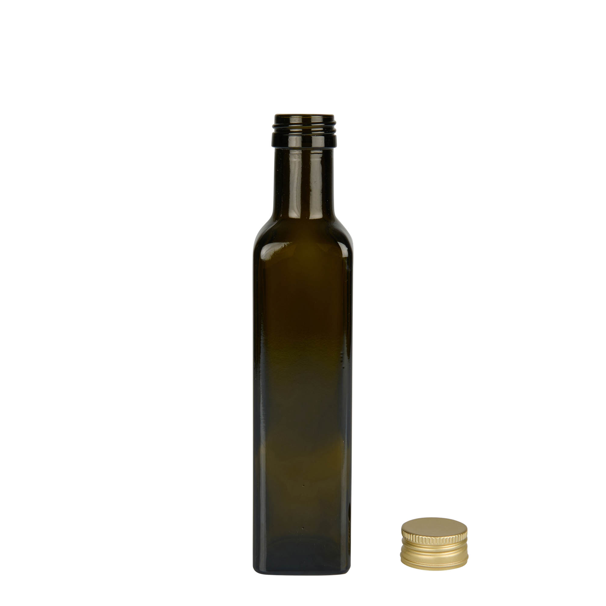 250 ml стаклена шише „Marasca“, квадратна, античнозелена, отвор: PP 31,5