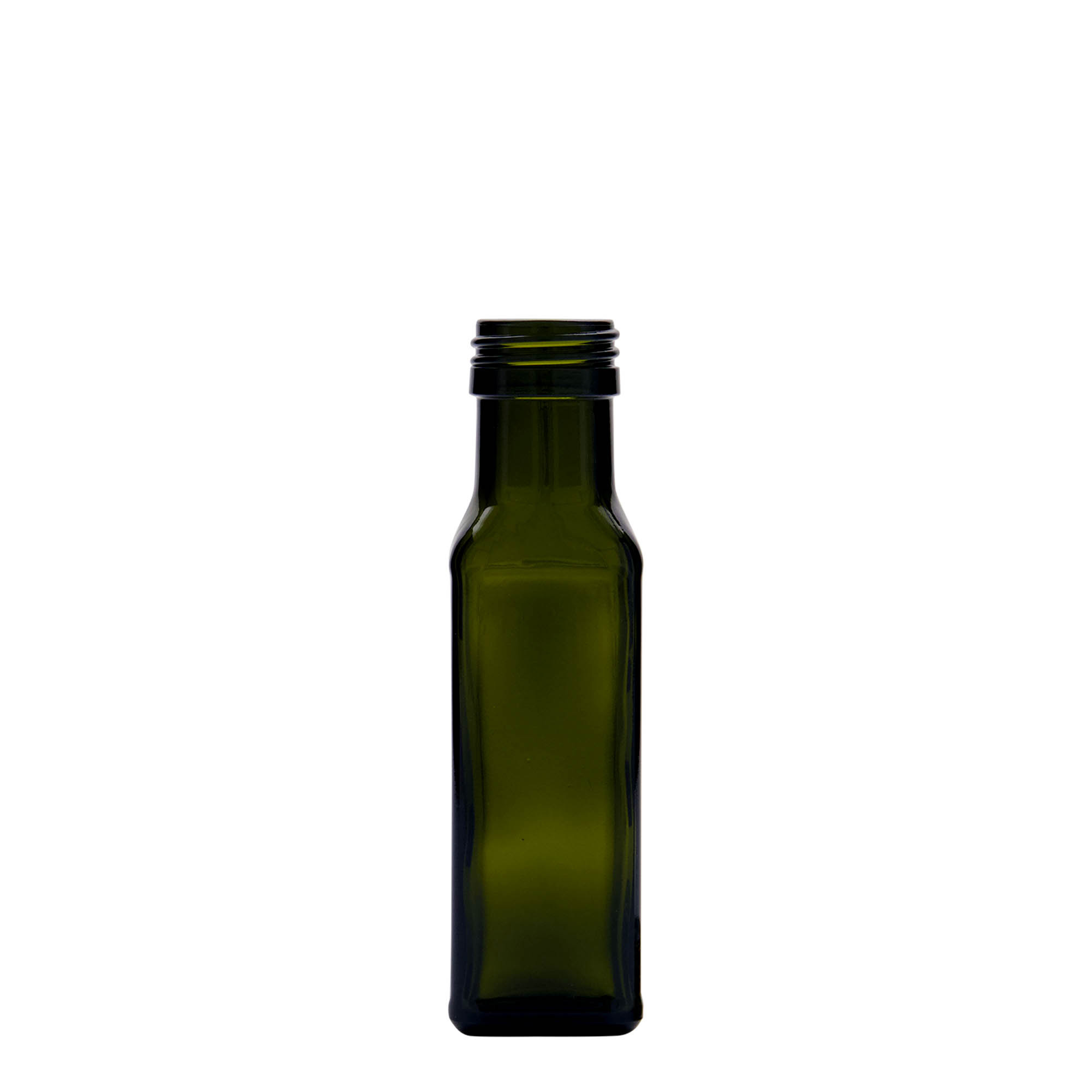 100 ml стаклена шише „Marasca“, квадратна, античнозелена, отворање: PP 31,5