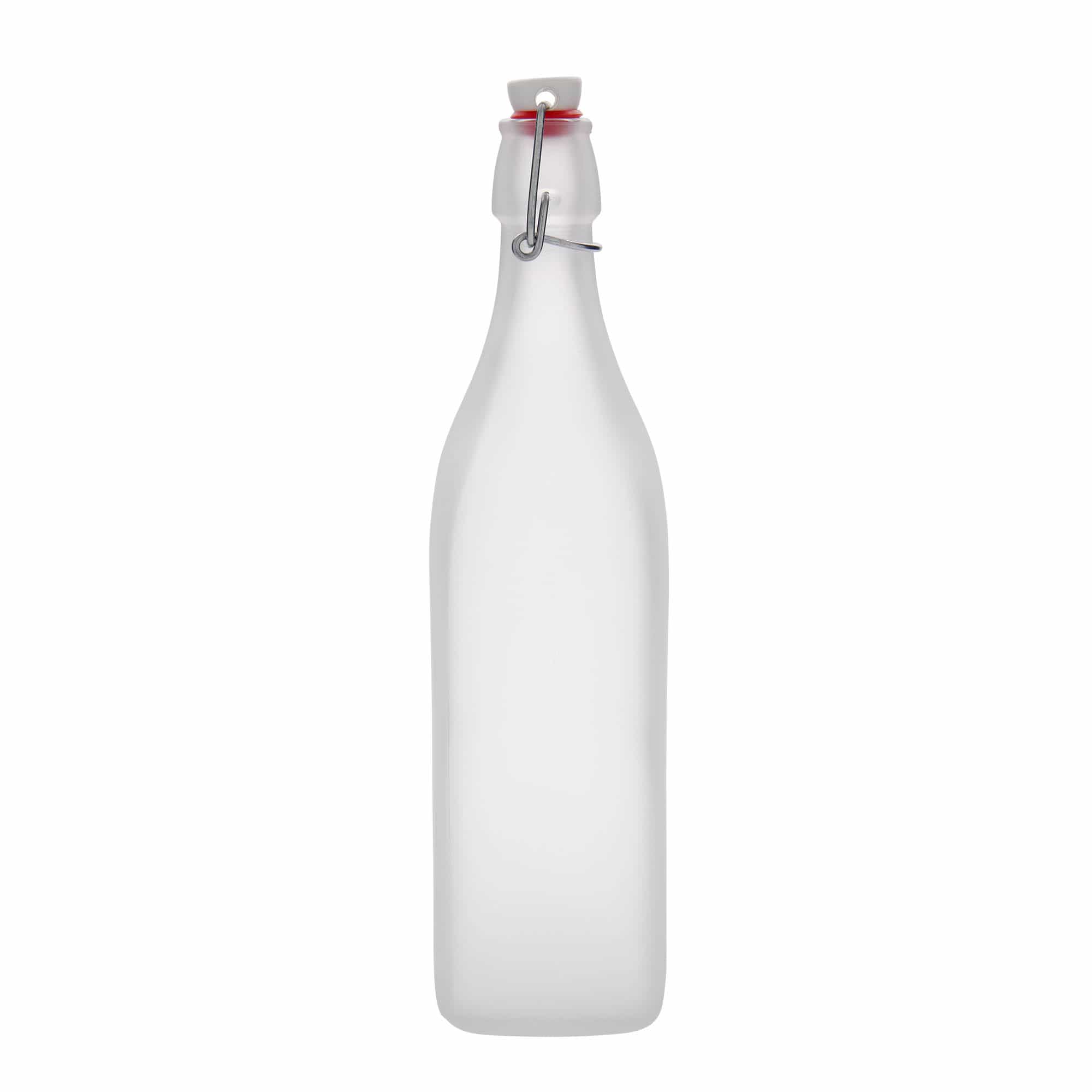 1.000 ml стаклена шише „Свинг“, квадратна, замрзната, отворање: затворач со лак