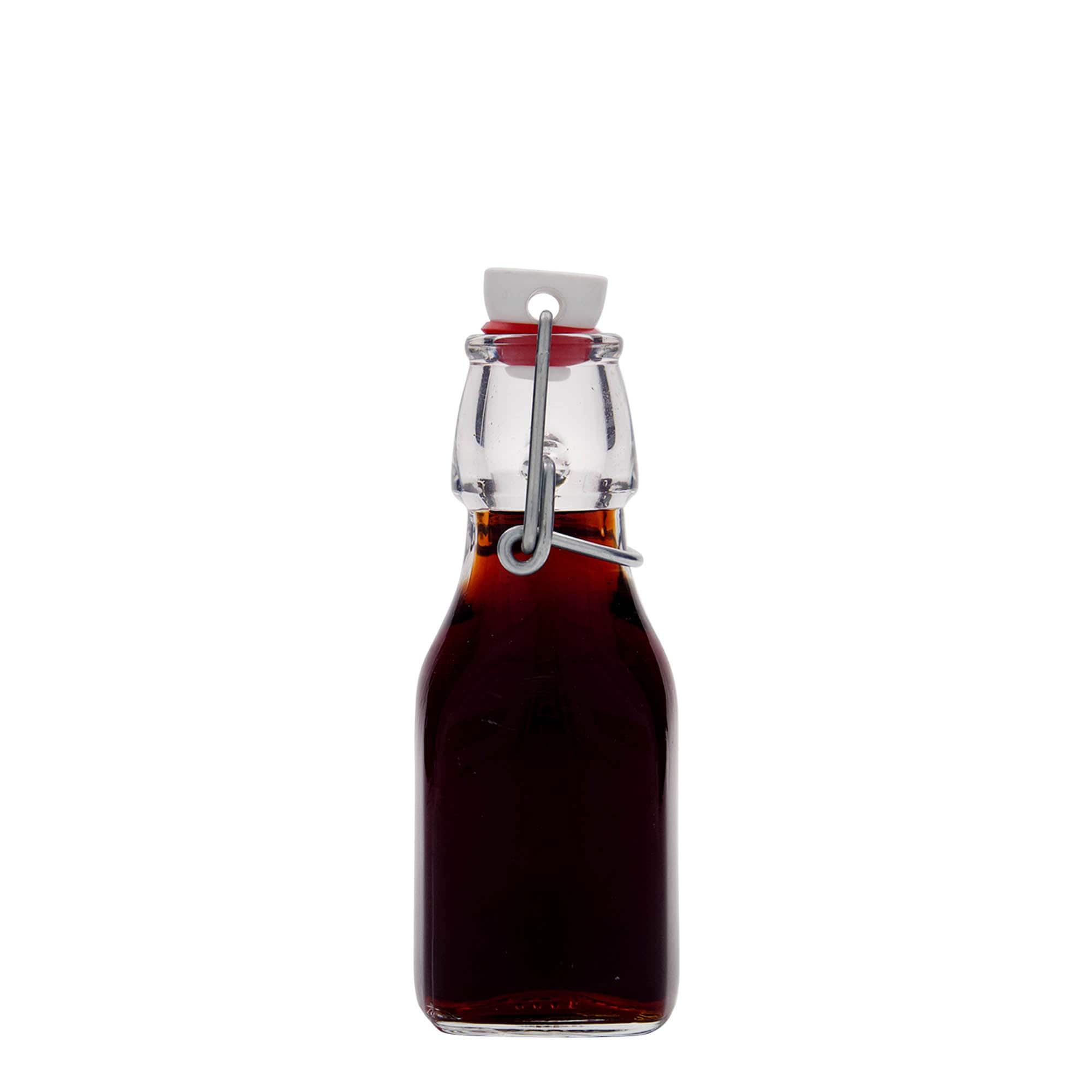 125 ml стаклена шише „Swing“, квадратна, отворање: затворач со држач
