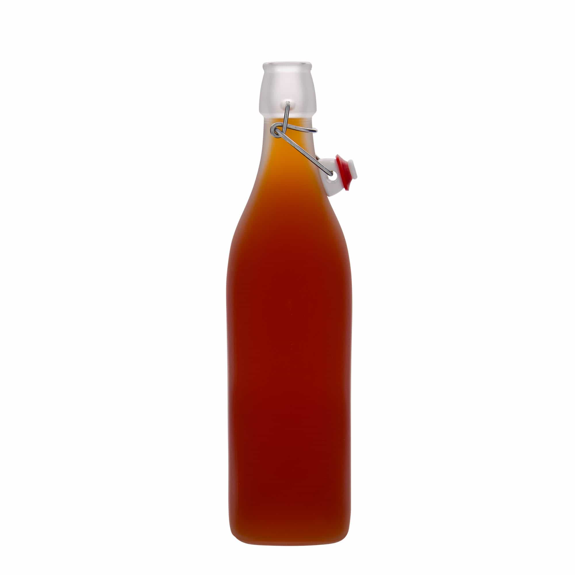 1.000 ml стаклена шише „Свинг“, квадратна, замрзната, отворање: затворач со лак