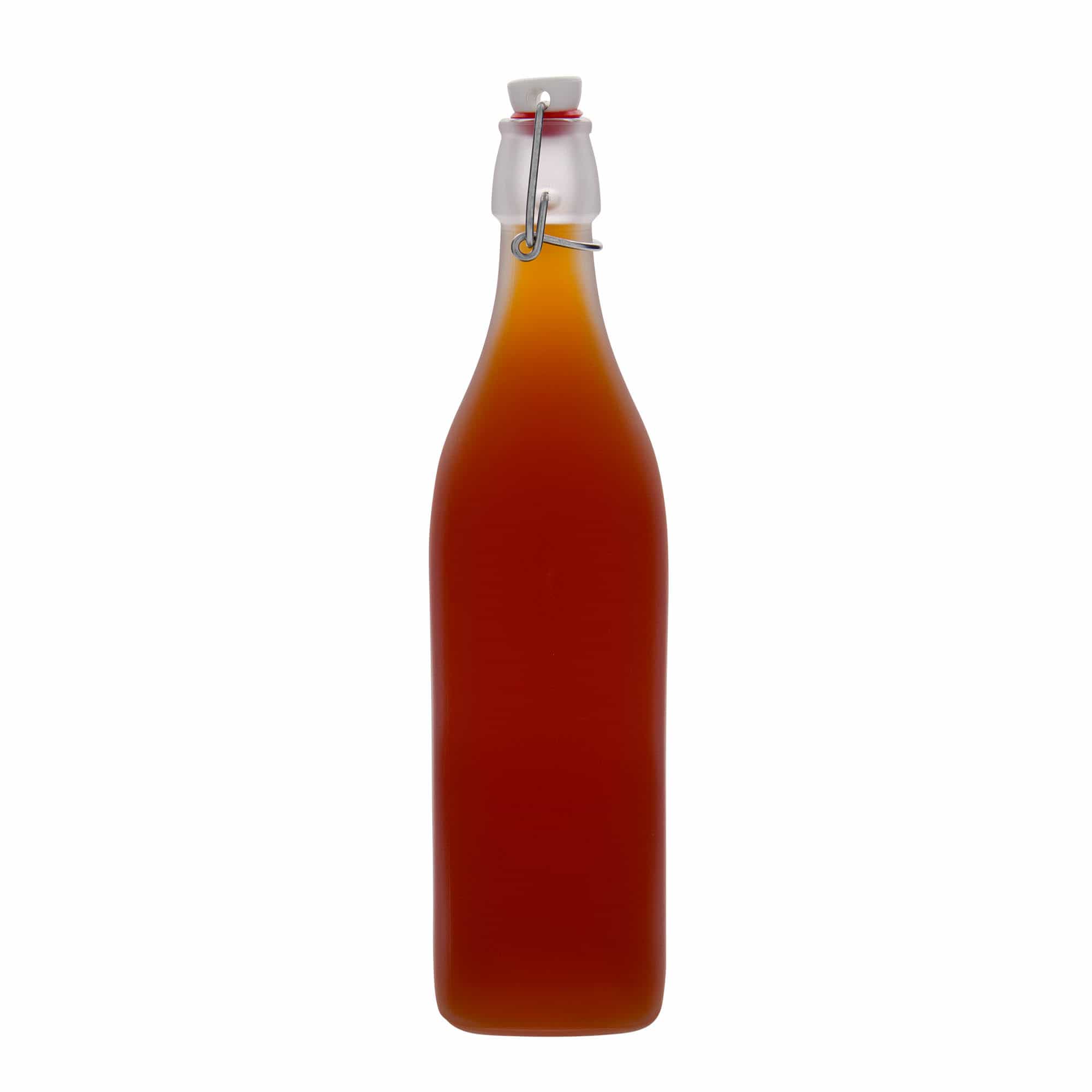 1.000 ml стаклена шише „Свинг“, квадратна, замрзната, отворање: затворач со лак