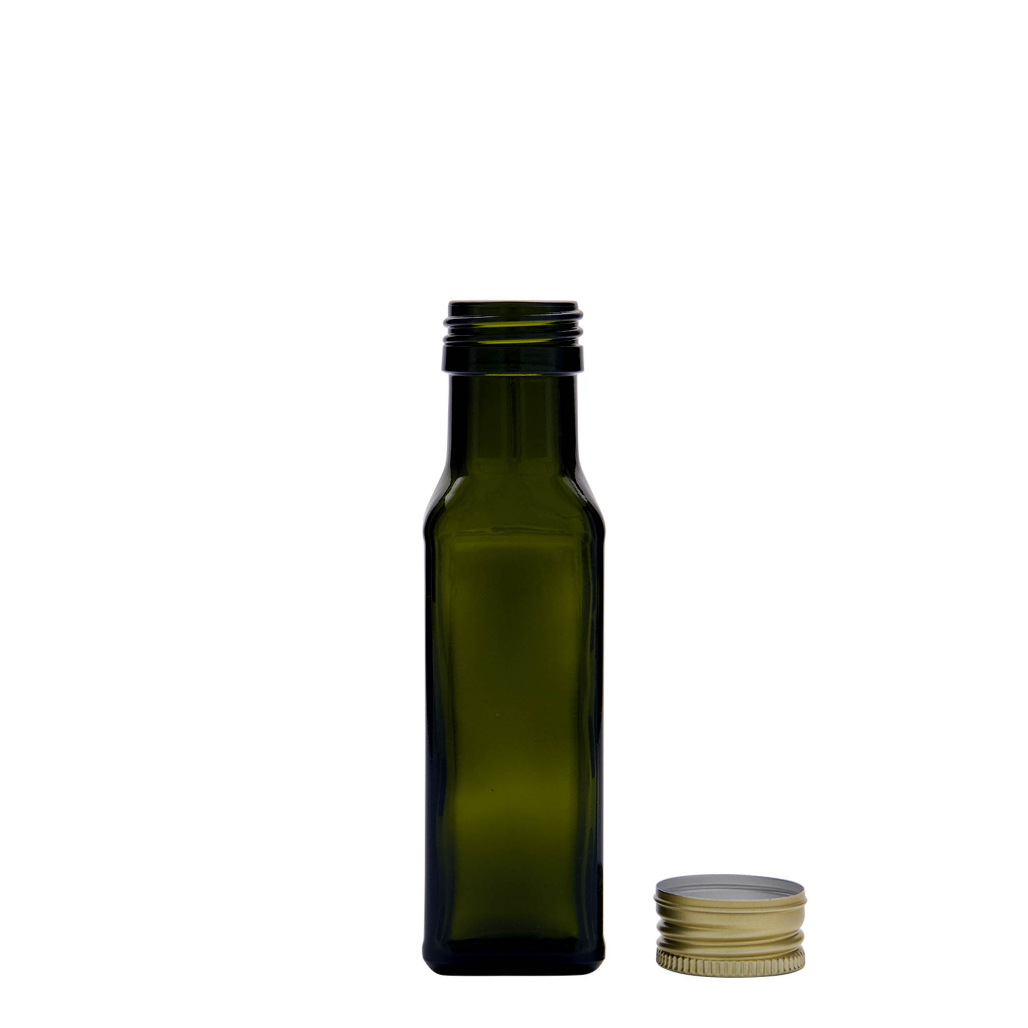 100 ml стаклена шише „Marasca“, квадратна, античнозелена, отворање: PP 31,5