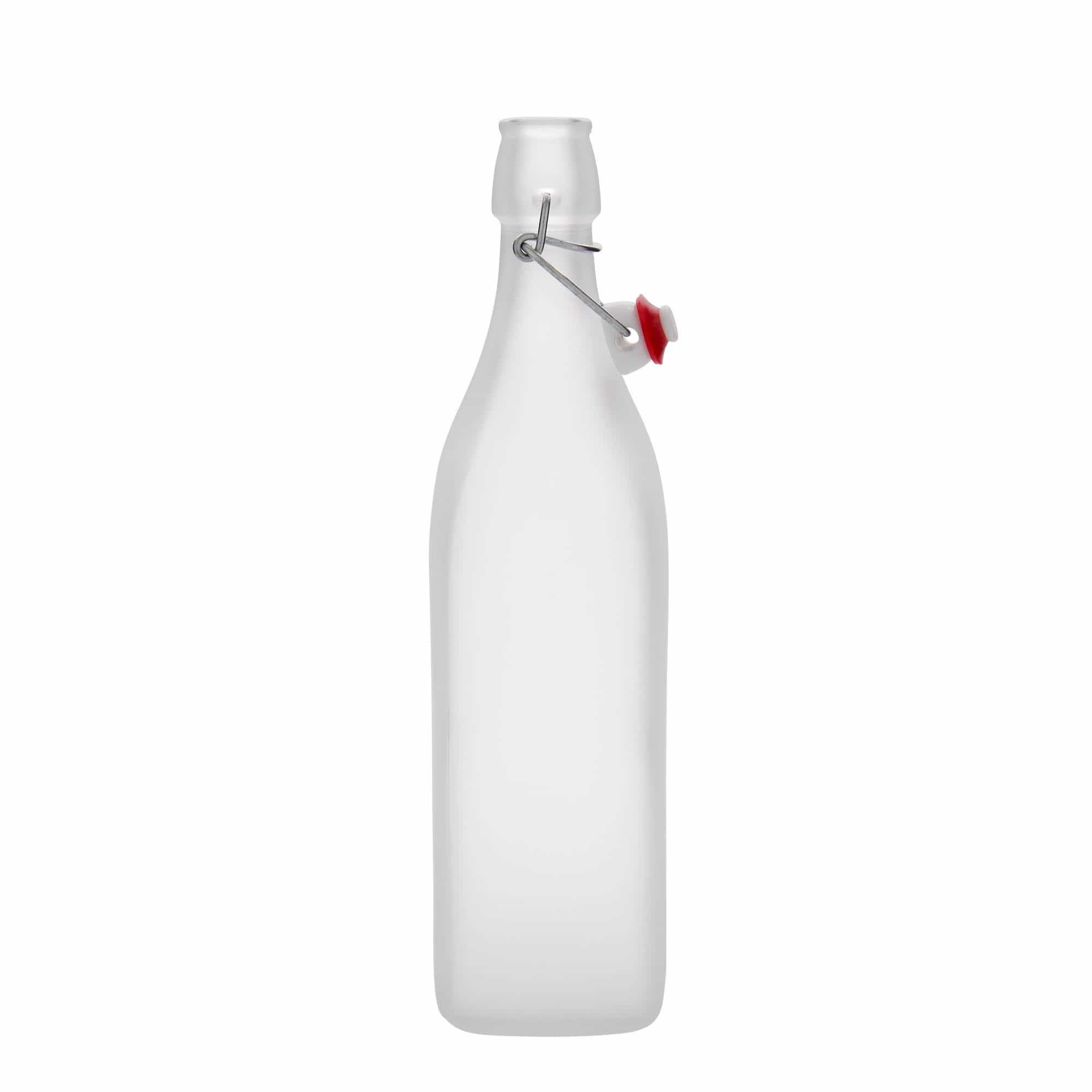 1.000 ml стаклена шише „Свинг“, квадратна, замрзната, отворање: затворач со лак