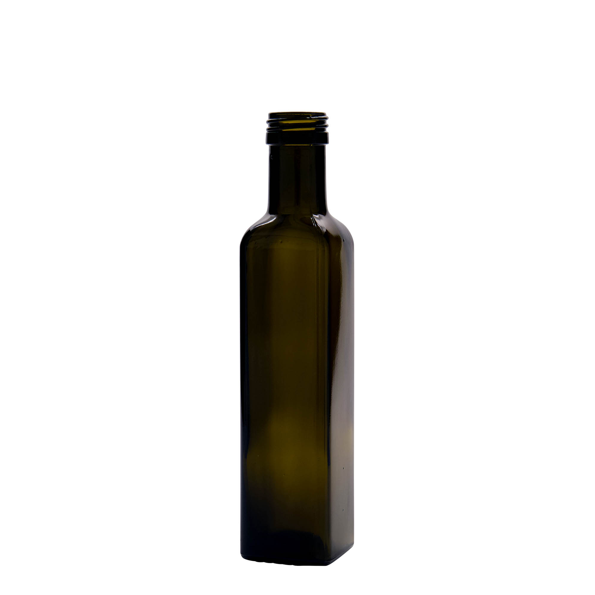 250 ml стаклена шише „Marasca“, квадратна, античнозелена, отвор: PP 31,5