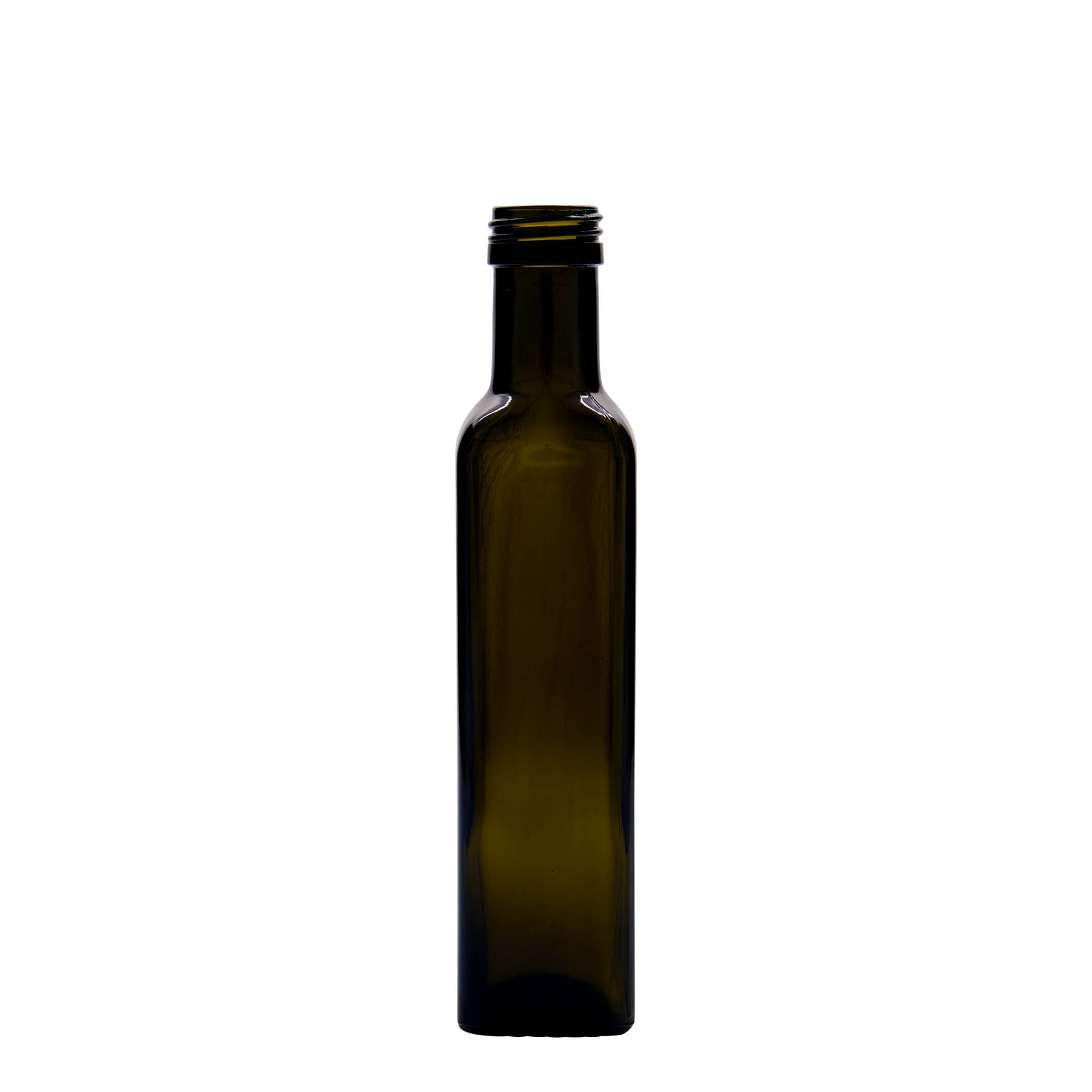 250 ml стаклена шише „Marasca“, квадратна, античнозелена, отвор: PP 31,5
