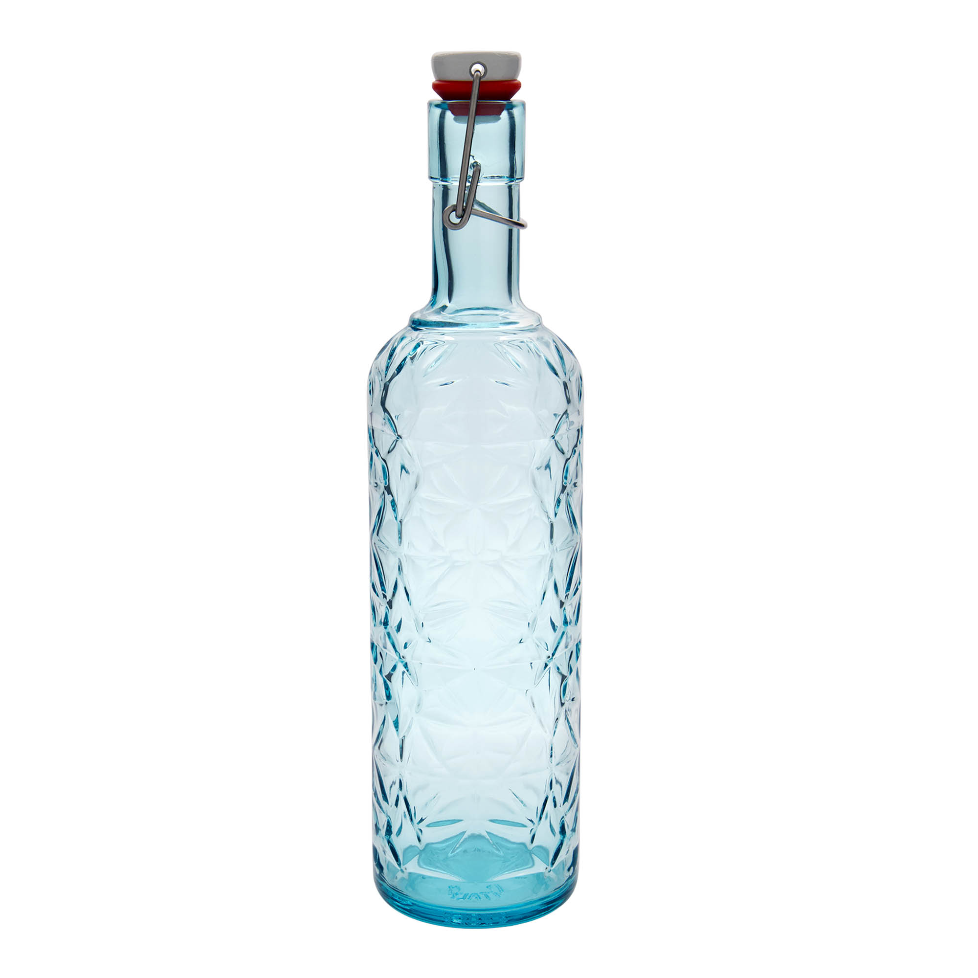1.000 ml стаклена шише „Oriente“, азурно сина, отворање: затворач со лак