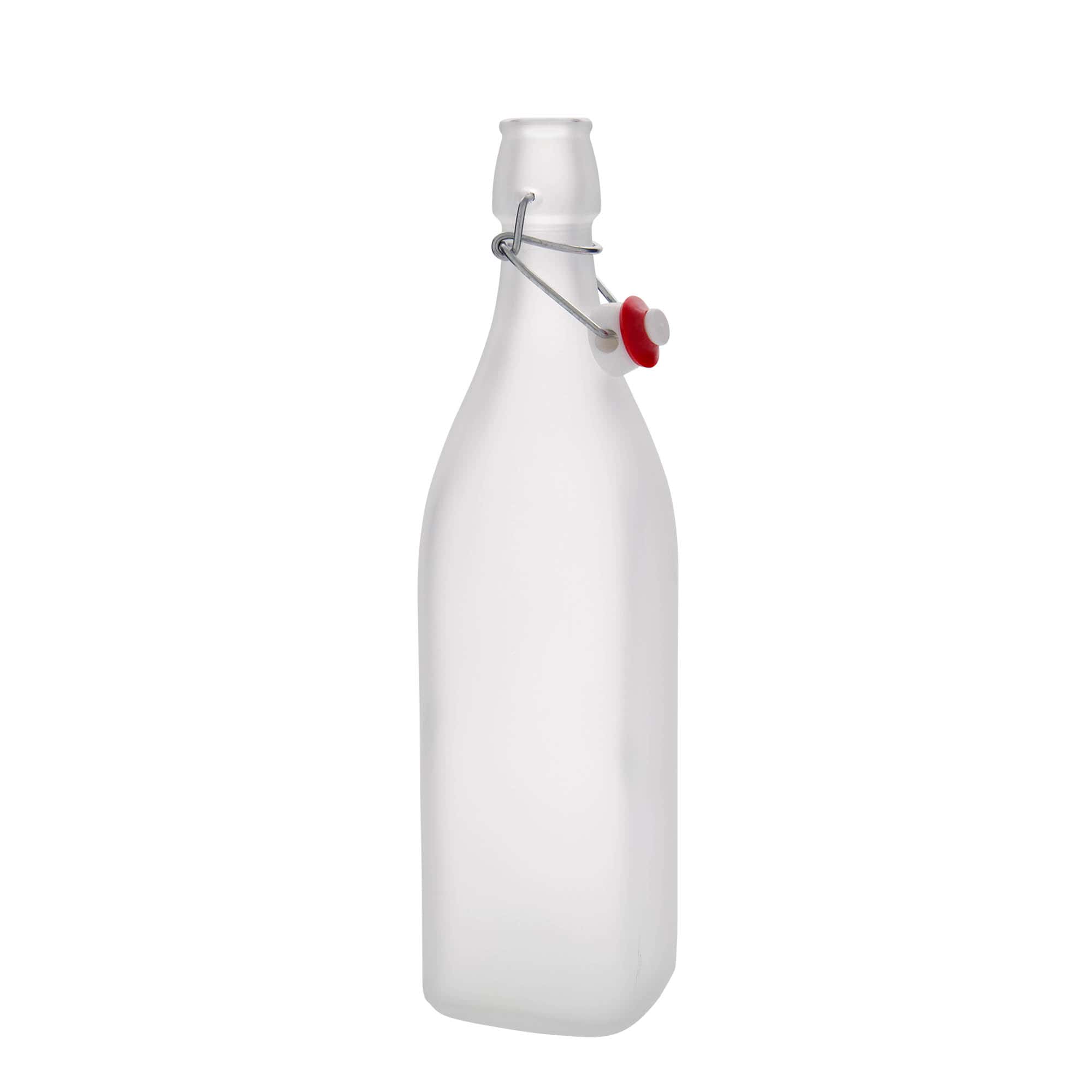 1.000 ml стаклена шише „Свинг“, квадратна, замрзната, отворање: затворач со лак